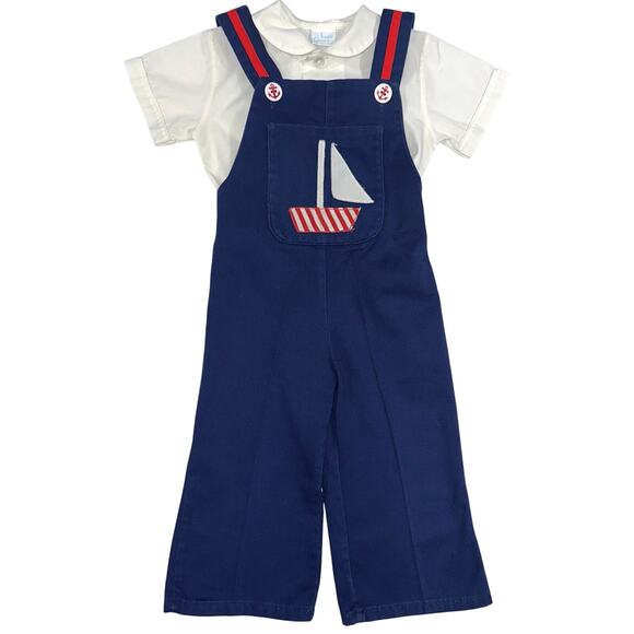 Vintage Baby Boys Red White Blue Sailboat Sailor Shirt & Overalls Set - Picture 1 of 12